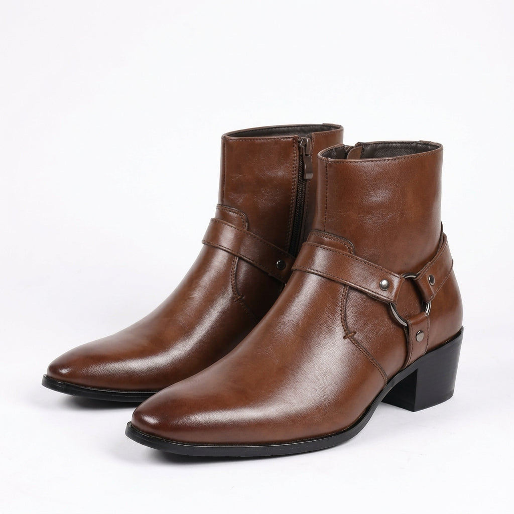 Men's Heeled Leather Biker Boots