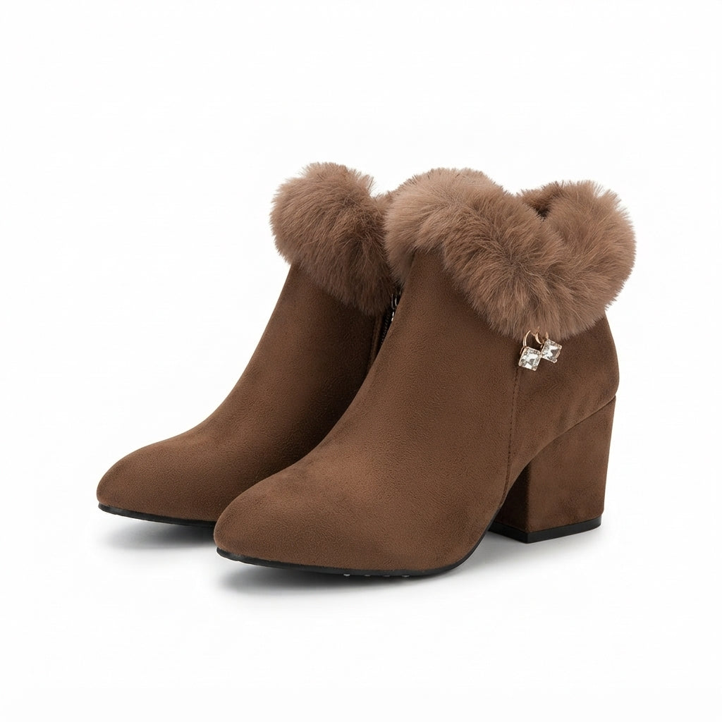 Women's Elegant Fur-Trimmed Heeled Ankle Boots