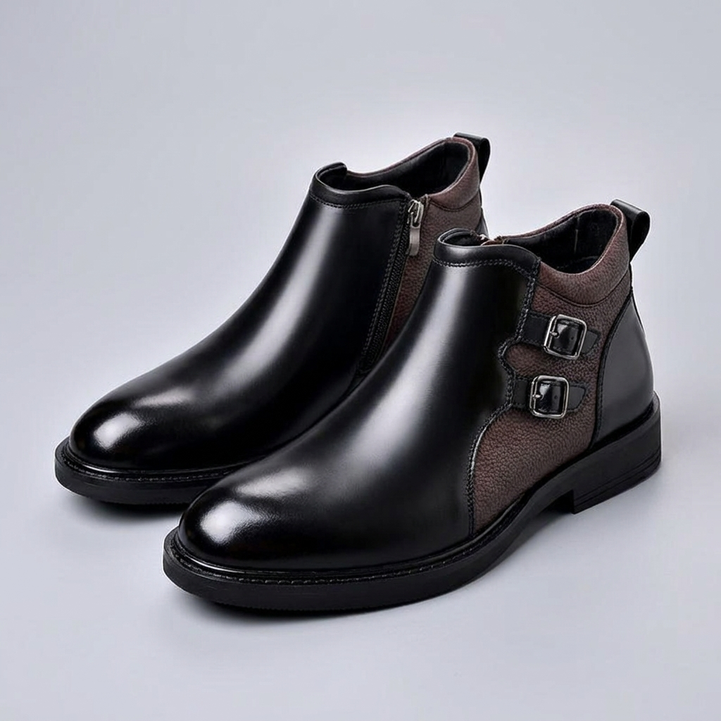 Men's Leather Double Buckle Ankle Boots