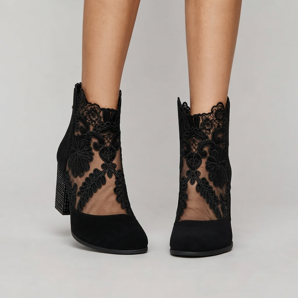 Women's Floral Lace Heeled Ankle Boots