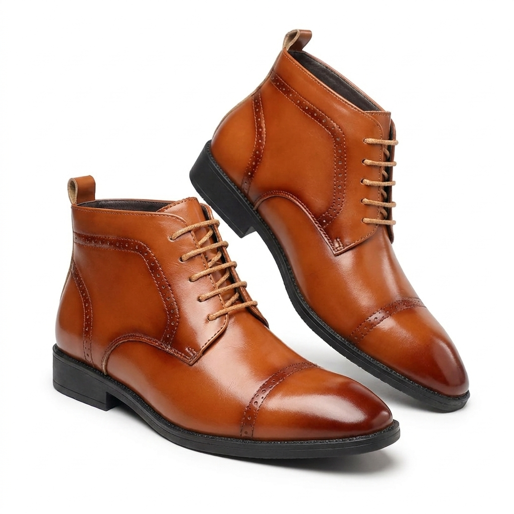 Men's Leather Cap Toe Ankle Boots