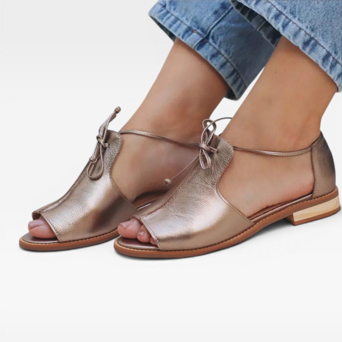 Women's Leather Peep Toe Sandals – Cushioned Comfort Ankle Tie Flats