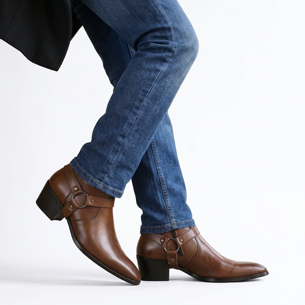 Men's Heeled Leather Biker Boots