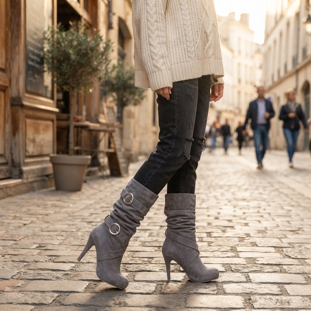Women's Suede Knee High Heeled Boots