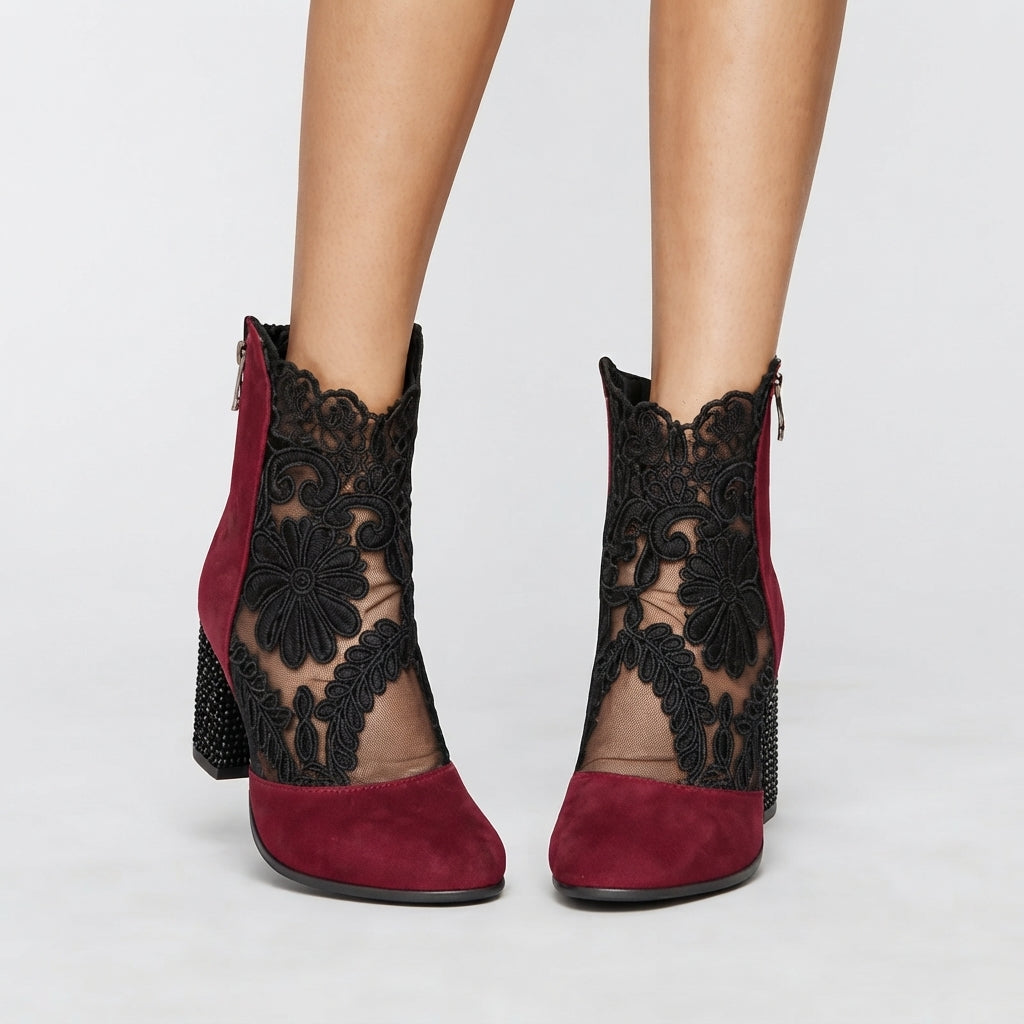Women's Floral Lace Heeled Ankle Boots