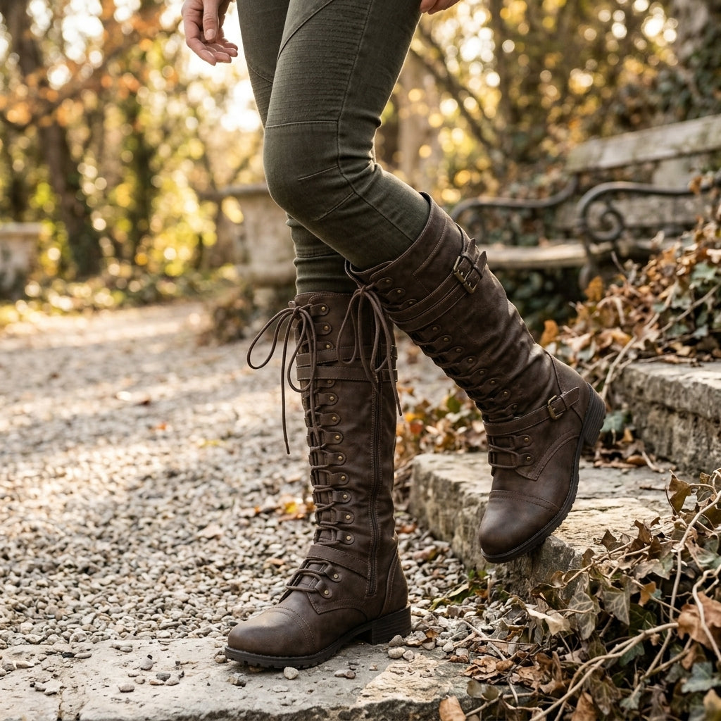 Women's Lace-Up Buckle Knee High Boots