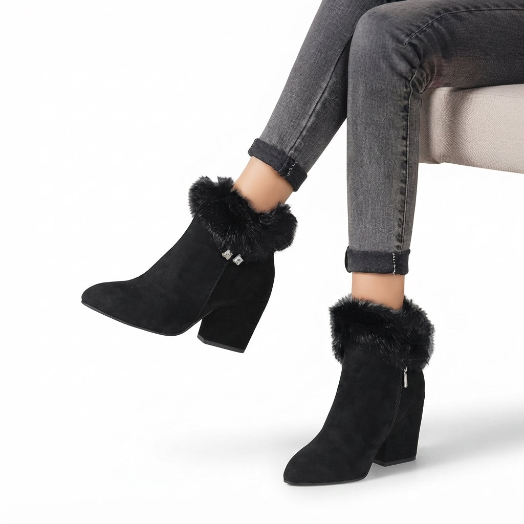 Women's Elegant Fur-Trimmed Heeled Ankle Boots