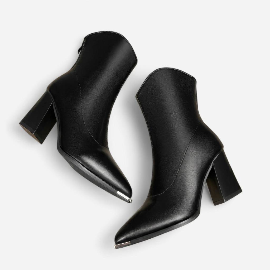 Women's Leather Block Heel Pointed Toe Ankle Boots