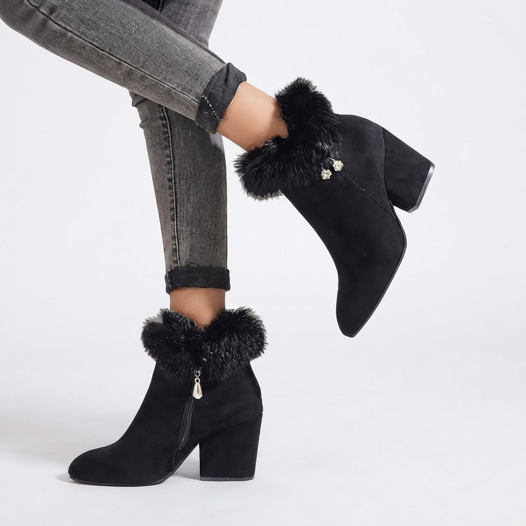 Women's Elegant Fur-Trimmed Heeled Ankle Boots