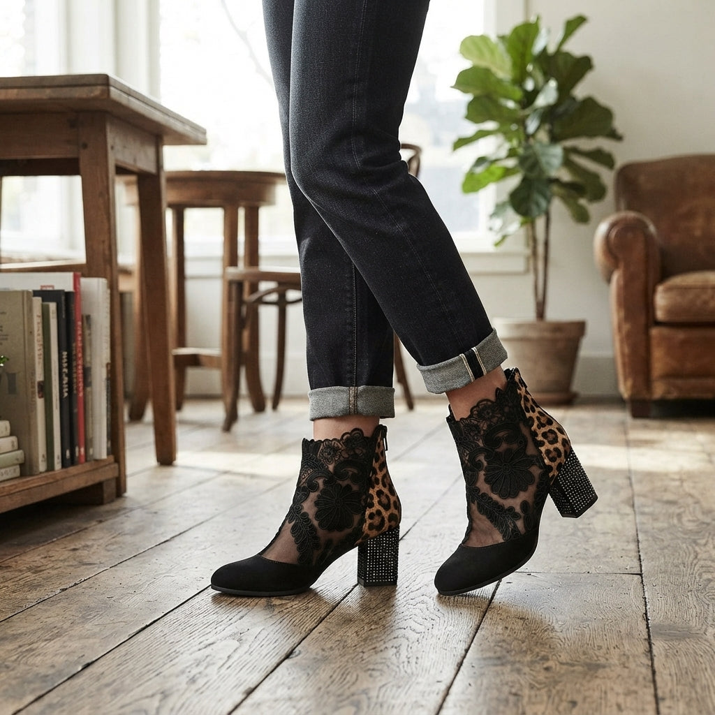 Women's Floral Lace Heeled Ankle Boots