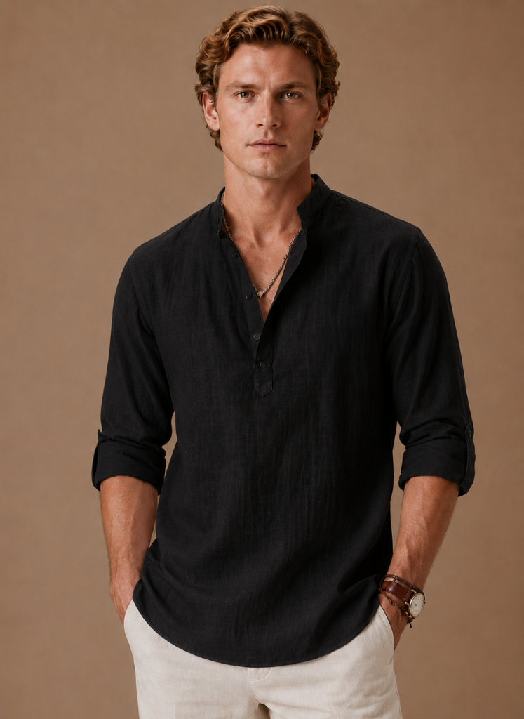 Men's Grandad Collar Linen Style Shirt – Relaxed Casual Fit | Areleon