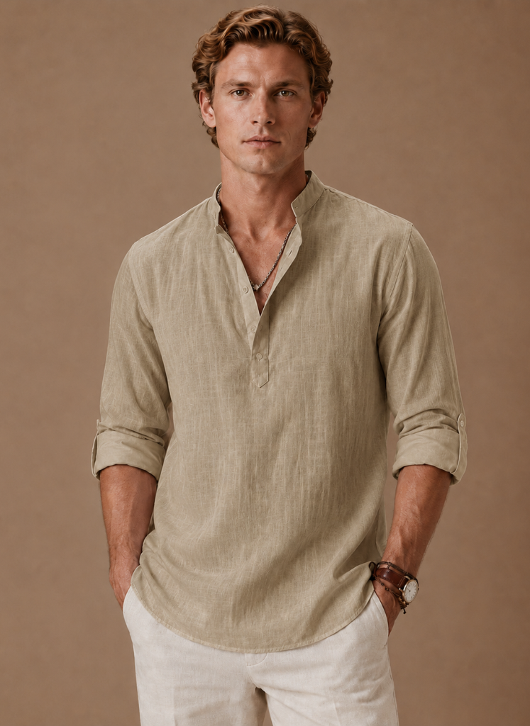 Men's Grandad Collar Linen Style Shirt – Relaxed Casual Fit | Areleon
