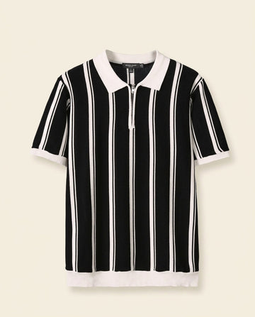Stripe Zip Polo Shirt Black White