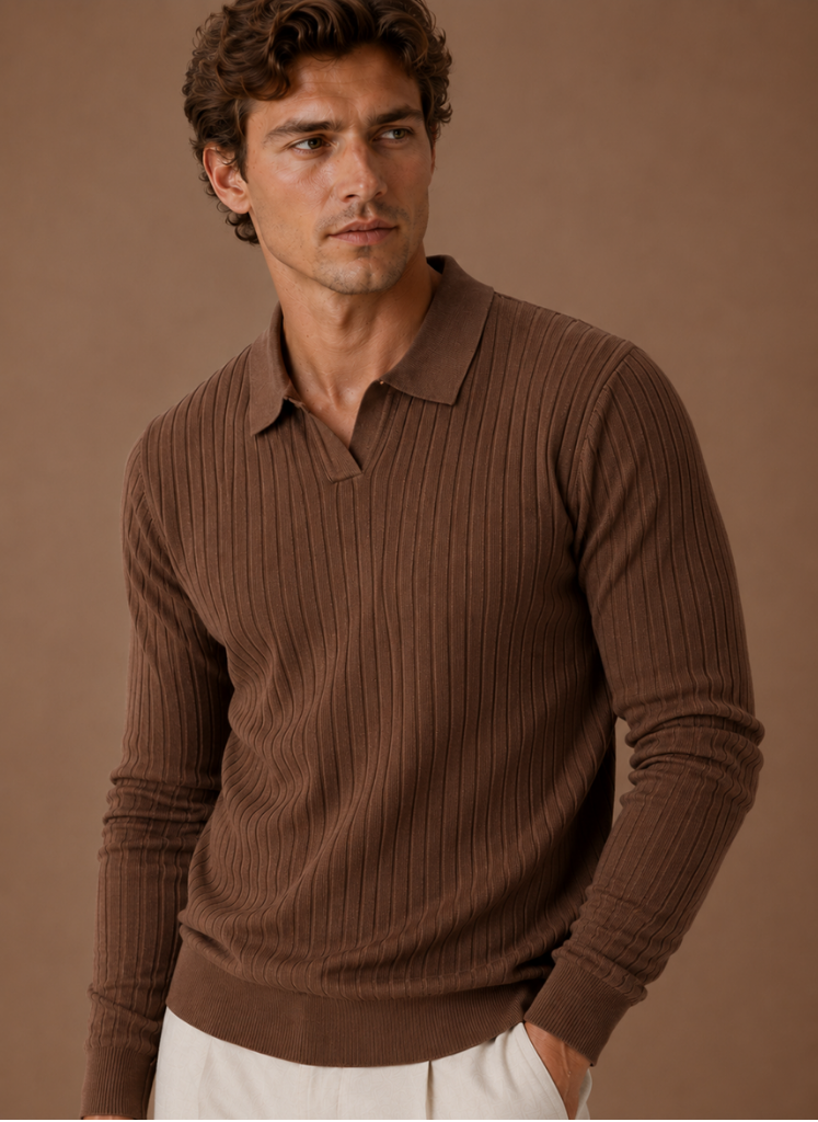 Men's Ribbed Knit Polo Sweater Smart Casual Pullover | Areleon