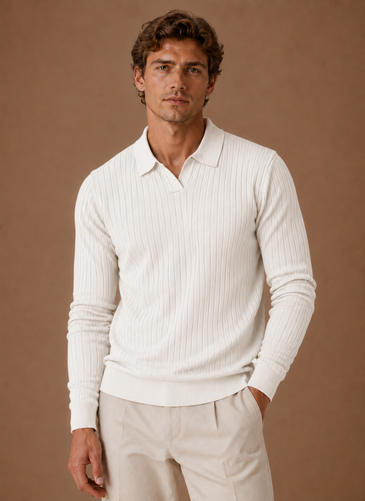 Men's Ribbed Knit Polo Sweater Smart Casual Pullover | Areleon