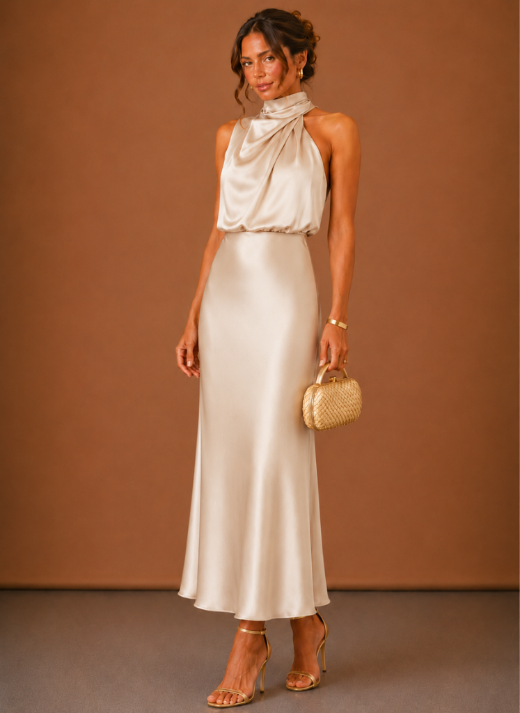Women's Satin Halter Maxi Dress – Elegant Wedding Guest | Areleon