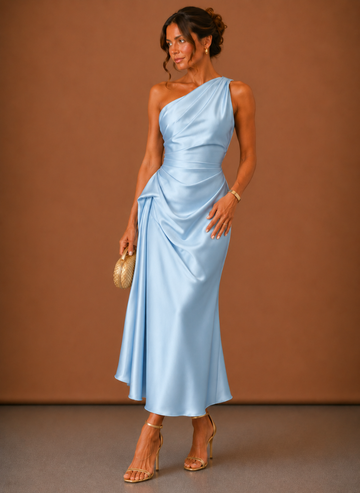 Women’s Satin One Shoulder Midi Dress – Elegant Wedding Guest | Areleon