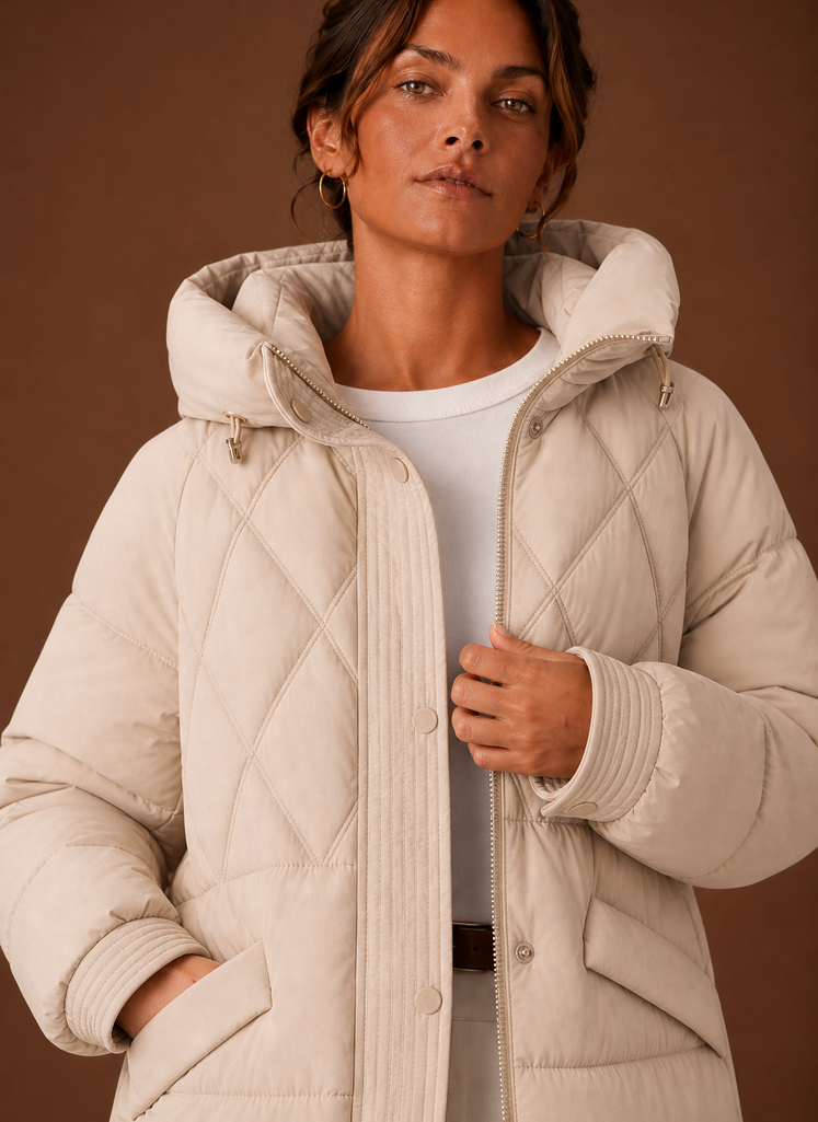 Women's Puffer Jacket - Hooded Longline Diamond Quilting | Areleon