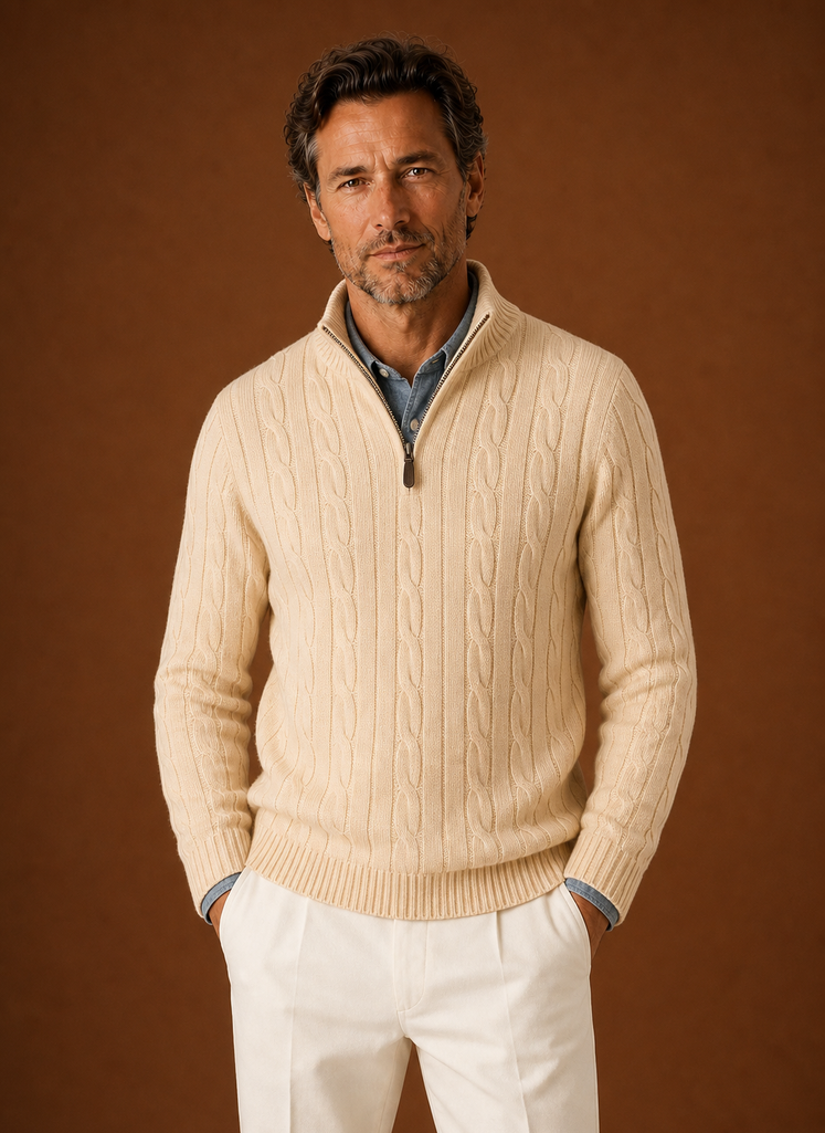 Men's Cable Knit Quarter Zip Sweater - Casual Pullover | Areleon
