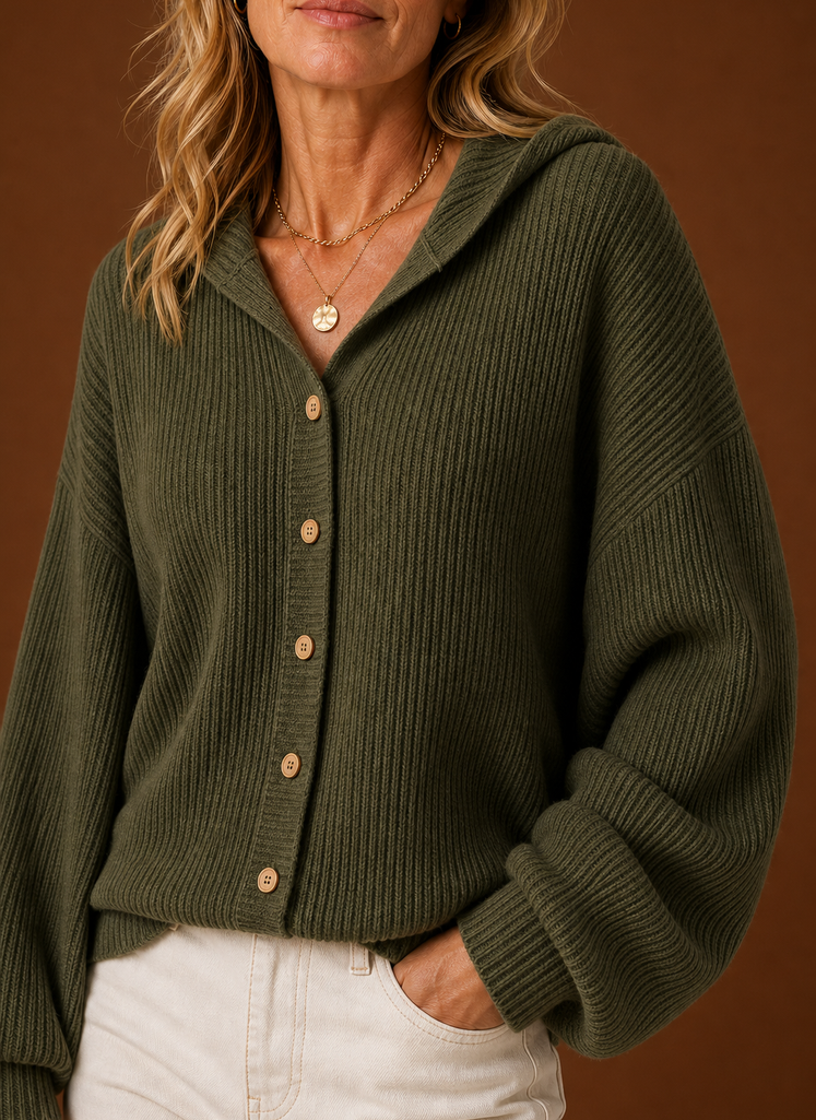 Women's Knit Cardigan - Ribbed Hooded Button Sweater | Areleon
