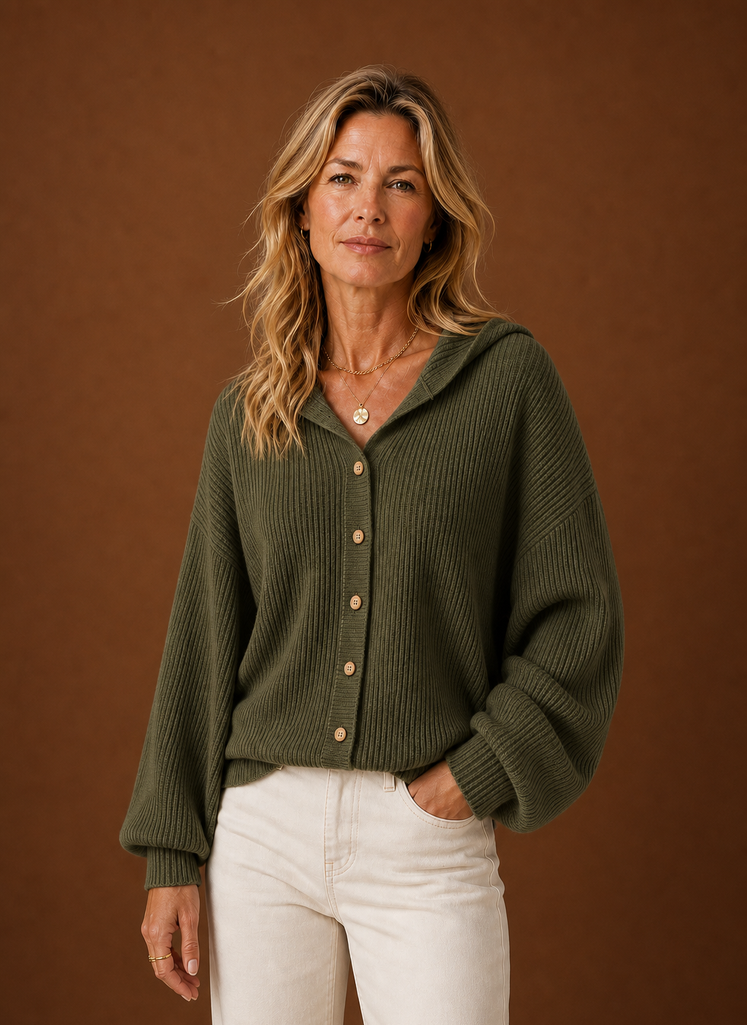 Women's Knit Cardigan - Ribbed Hooded Button Sweater | Areleon