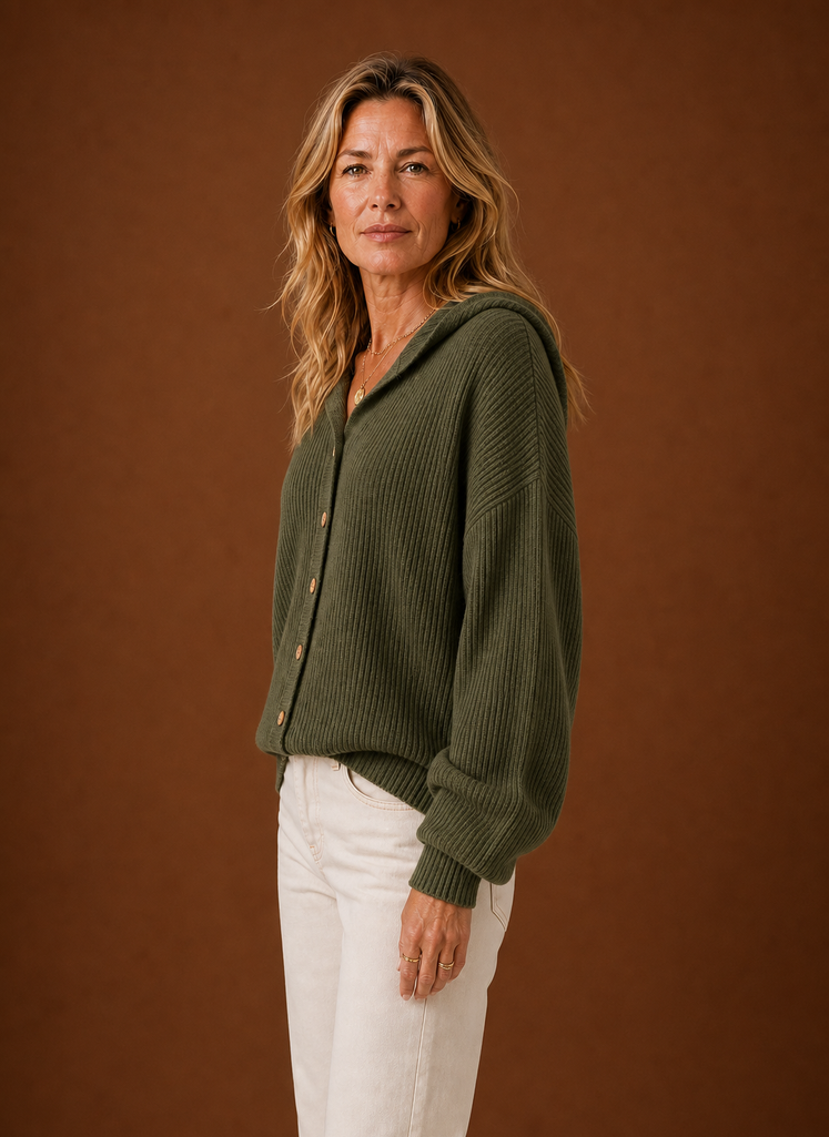 Women's Knit Cardigan - Ribbed Hooded Button Sweater | Areleon