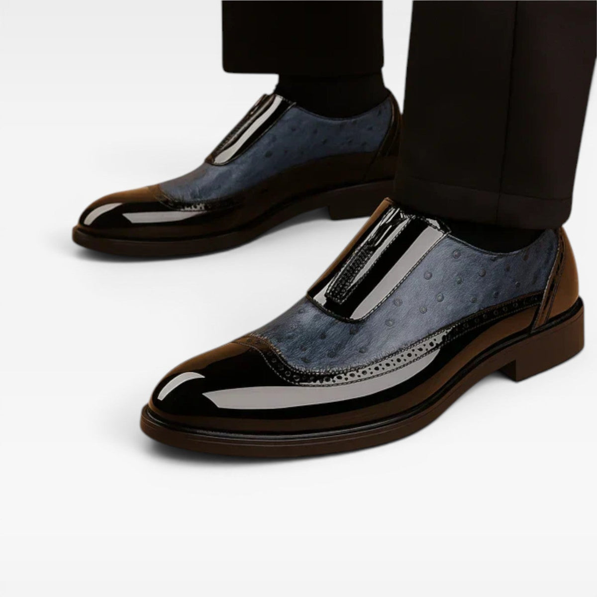 Men's Patent Ostrich Texture Oxford Shoes – Elegant Two Tone Brogue Formal Style