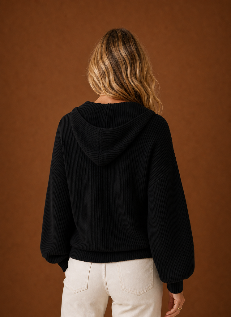 Women's Knit Cardigan - Ribbed Hooded Button Sweater | Areleon