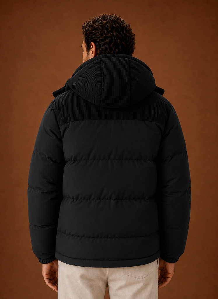 Men's Hooded Winter Puffer Jacket with Corduroy Collar | Areleon