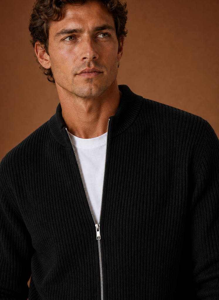 Men's Full Zip Knit Cardigan Sweater Ribbed Zip-Up Jacket | Areleon