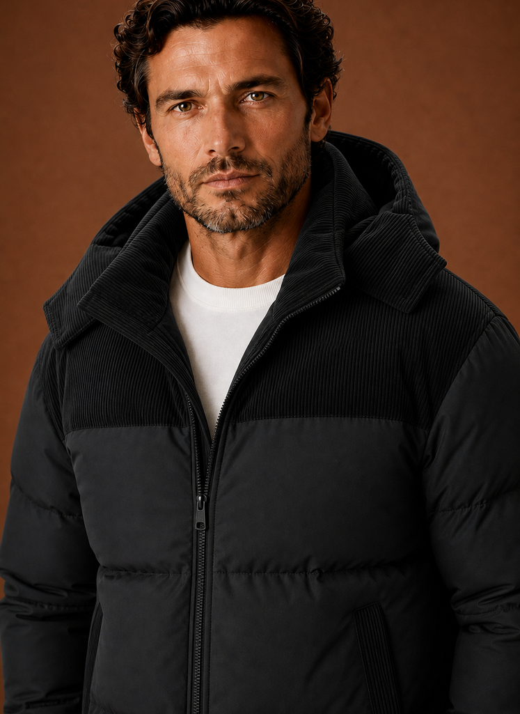 Men's Hooded Winter Puffer Jacket with Corduroy Collar | Areleon