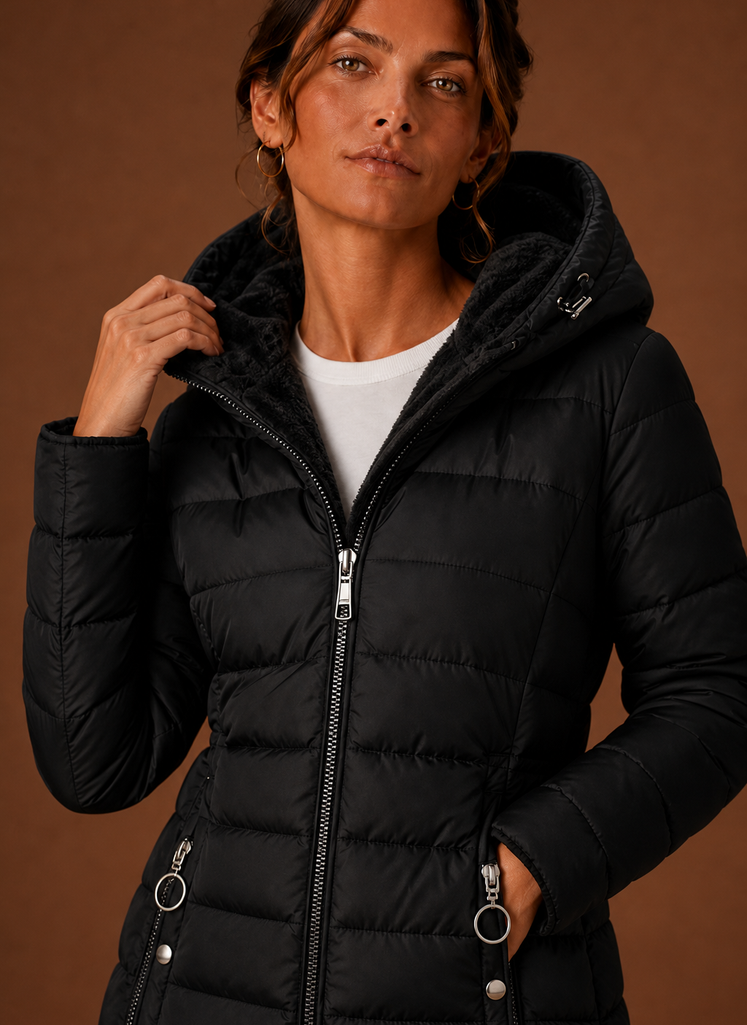 Women's Long Puffer Coat - Hooded Faux Fur Lined Winter Coat | Areleon