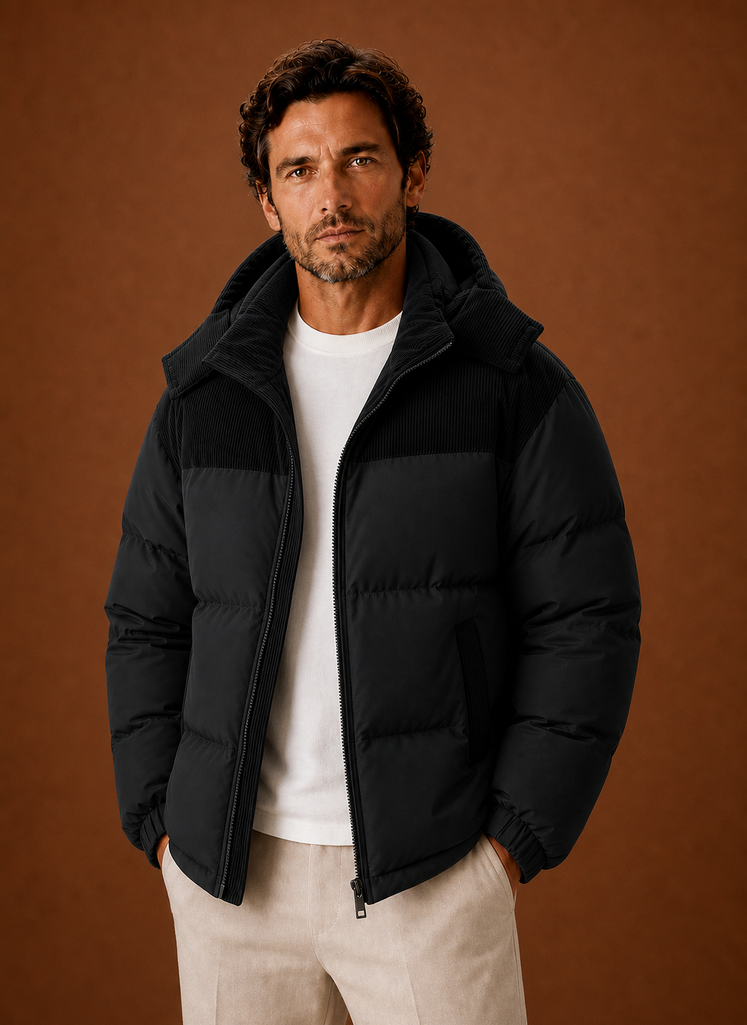 Men's Hooded Winter Puffer Jacket with Corduroy Collar | Areleon