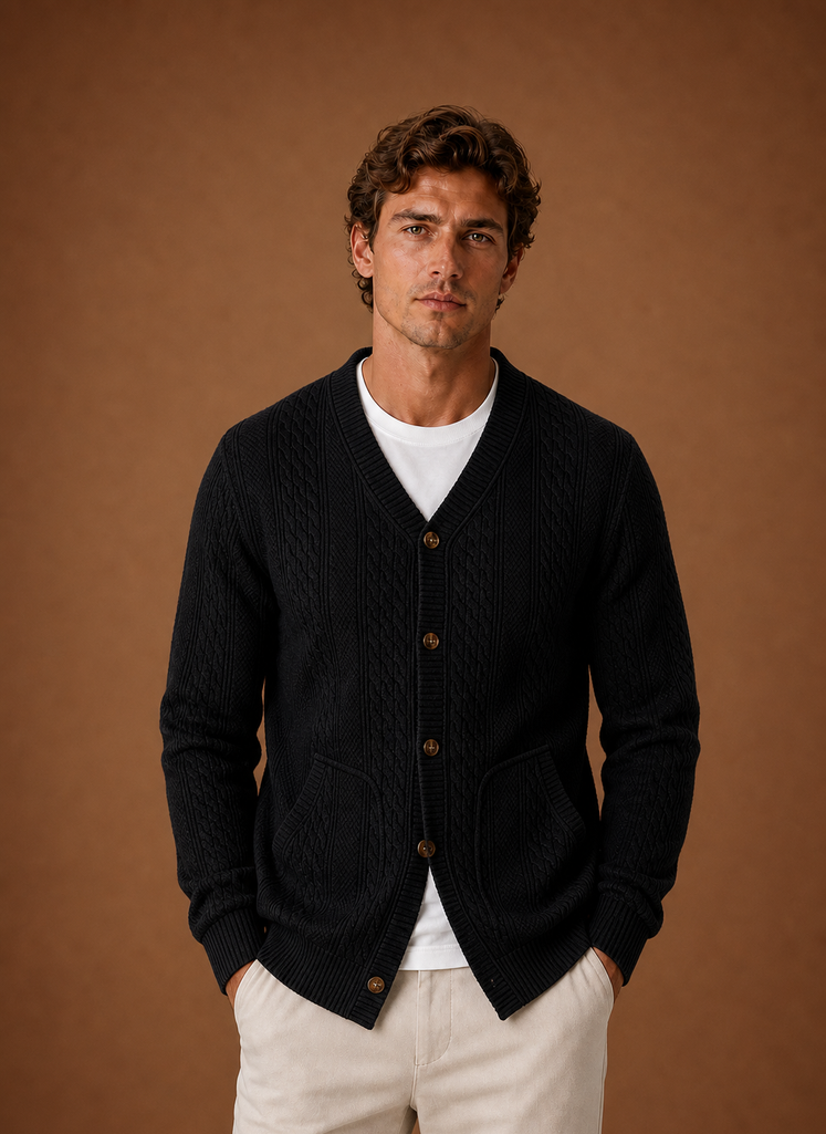 Men's Cable Knit Cardigan - V-Neck Button Front Sweater | Areleon