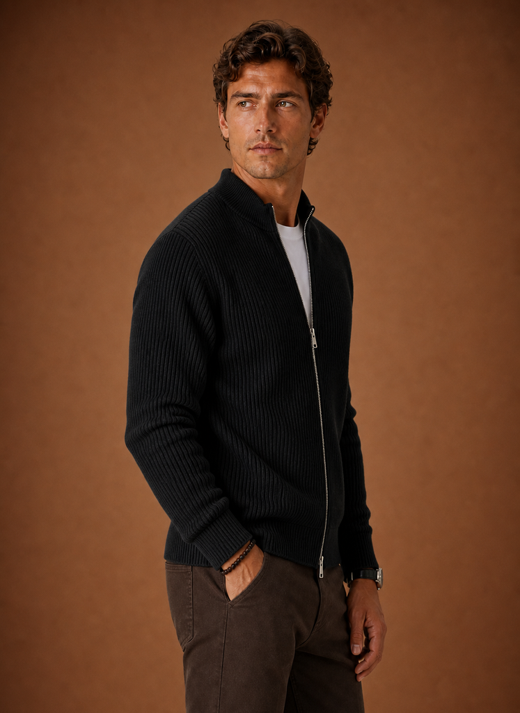 Men's Full Zip Knit Cardigan Sweater Ribbed Zip-Up Jacket | Areleon