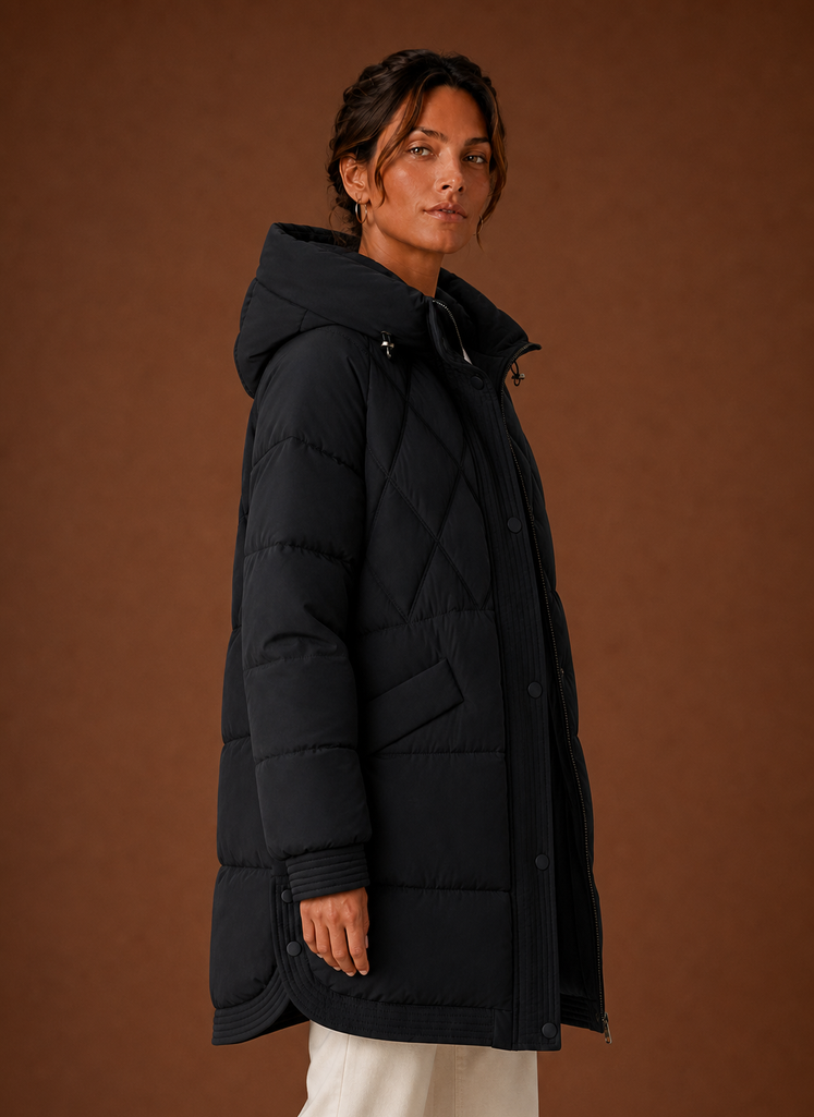 Women's Puffer Jacket - Hooded Longline Diamond Quilting | Areleon