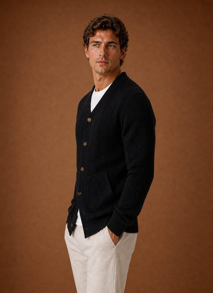 Men's Cable Knit Cardigan - V-Neck Button Front Sweater | Areleon