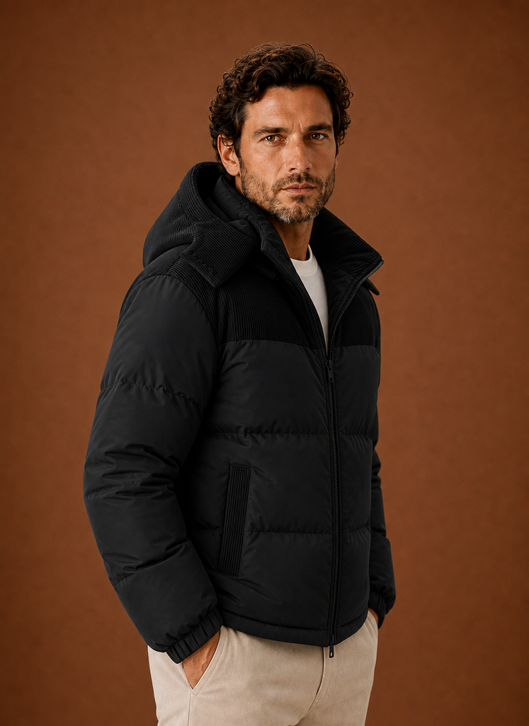 Men's Hooded Winter Puffer Jacket with Corduroy Collar | Areleon