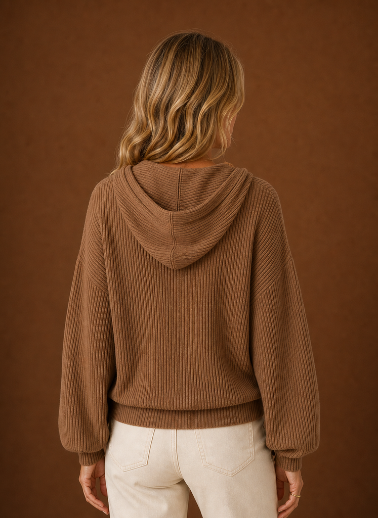 Women's Knit Cardigan - Ribbed Hooded Button Sweater | Areleon