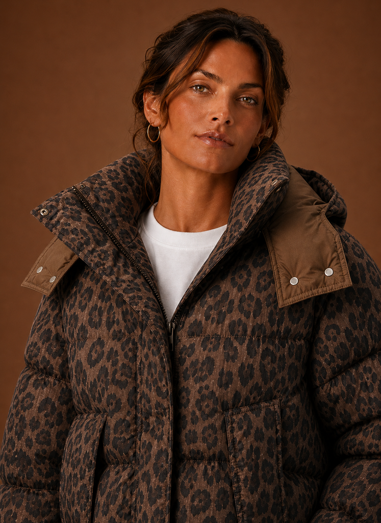 Women's Puffer Jacket - Leopard Print Quilted Winter Coat | Areleon