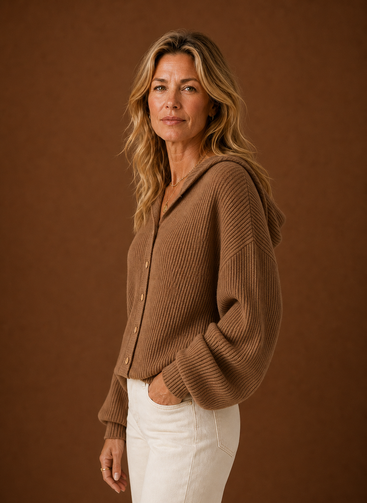 Women's Knit Cardigan - Ribbed Hooded Button Sweater | Areleon