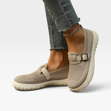 Women's Knit Slip On Shoes – Cushioned Comfort Sneakers with Buckle Strap