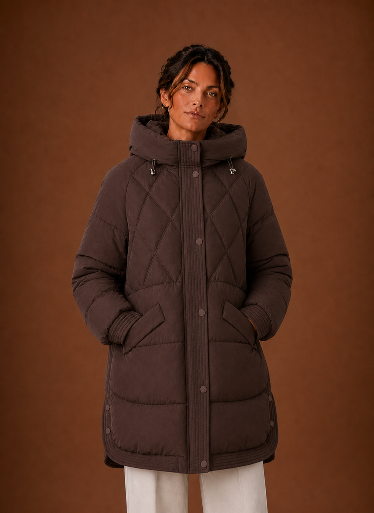 Women's Puffer Jacket - Hooded Longline Diamond Quilting | Areleon