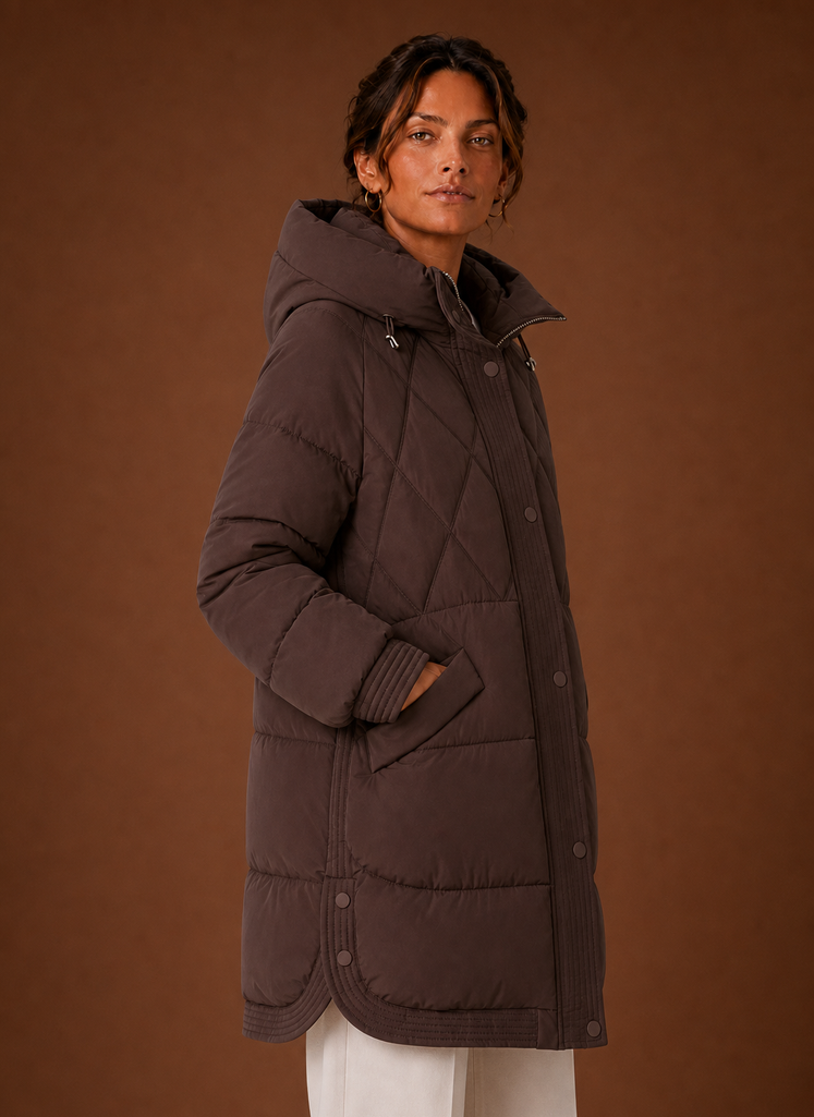 Women's Puffer Jacket - Hooded Longline Diamond Quilting | Areleon