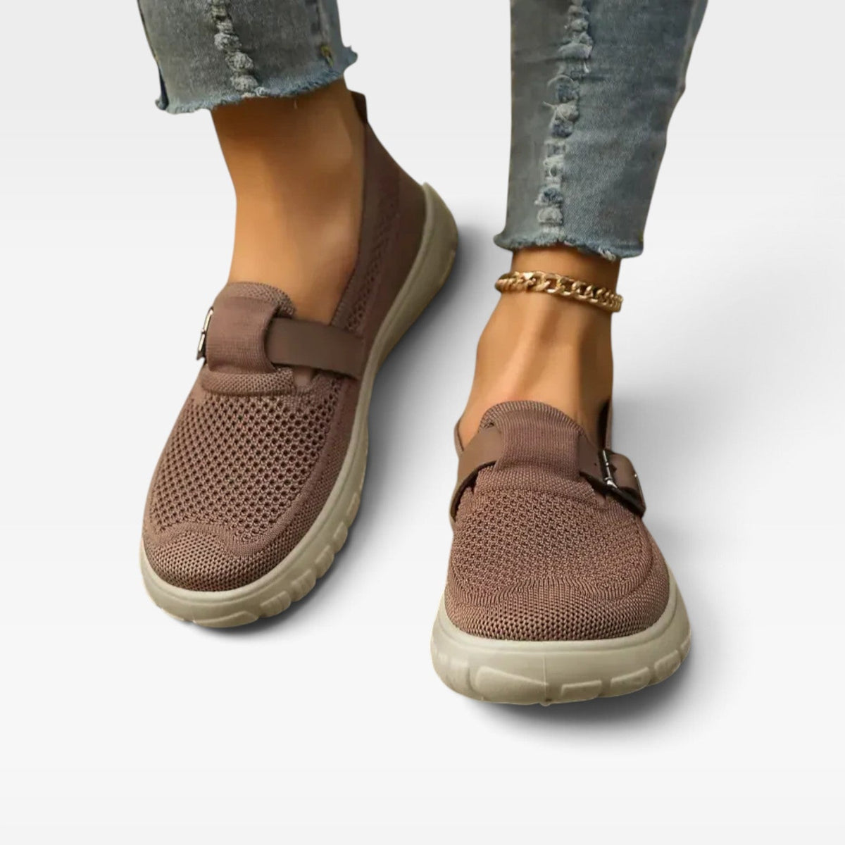 Women's Knit Slip On Shoes – Cushioned Comfort Sneakers with Buckle Strap