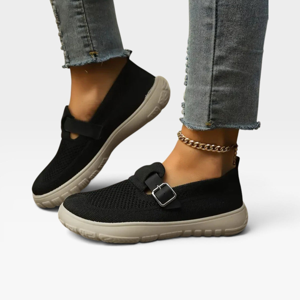 Women's Knit Slip On Shoes – Cushioned Comfort Sneakers with Buckle Strap