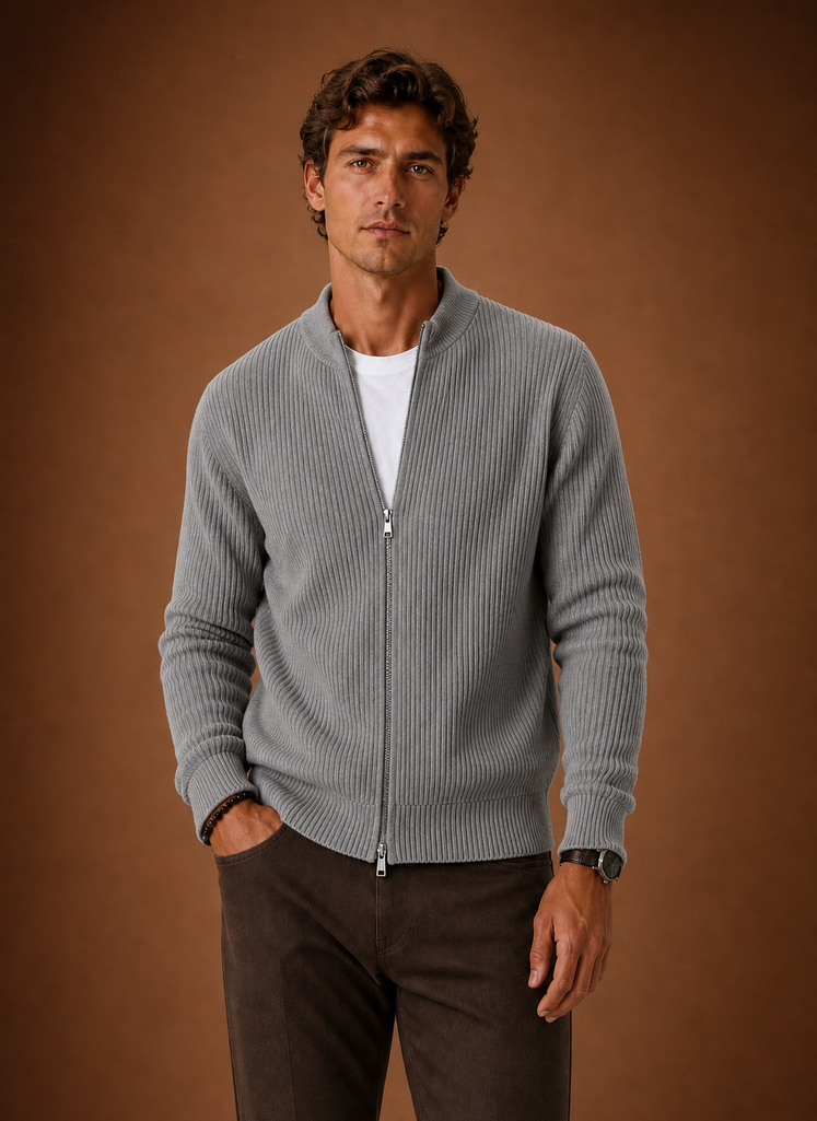 Men's Full Zip Knit Cardigan Sweater Ribbed Zip-Up Jacket | Areleon