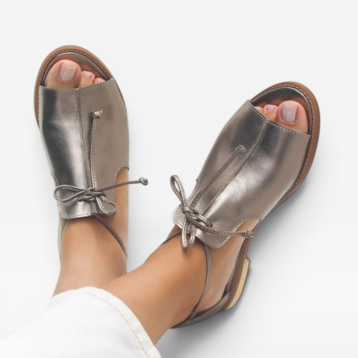 Women's Leather Peep Toe Sandals – Cushioned Comfort Ankle Tie Flats