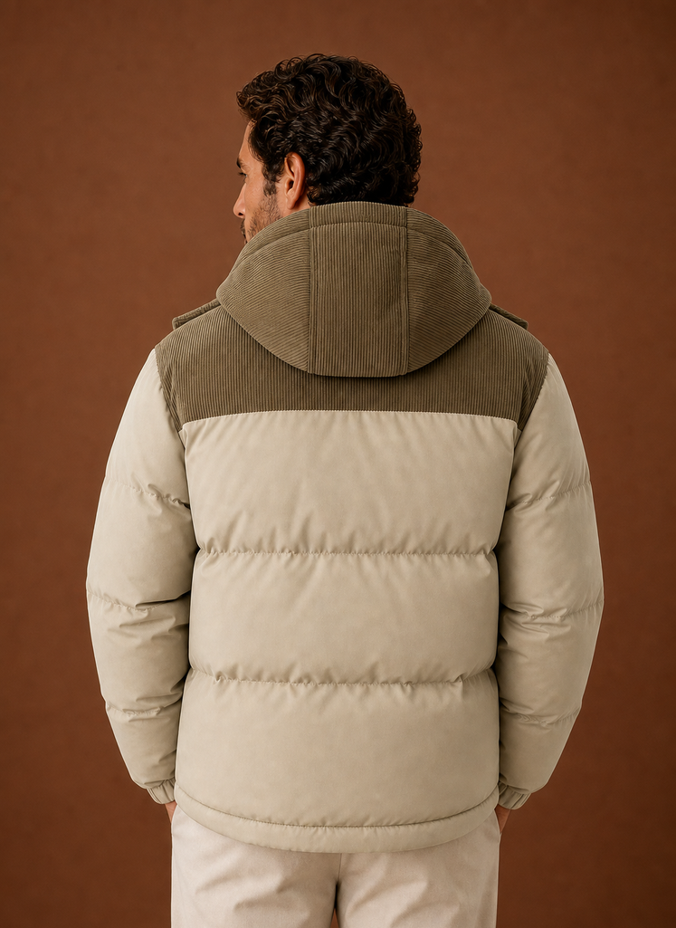 Men's Hooded Winter Puffer Jacket with Corduroy Collar | Areleon