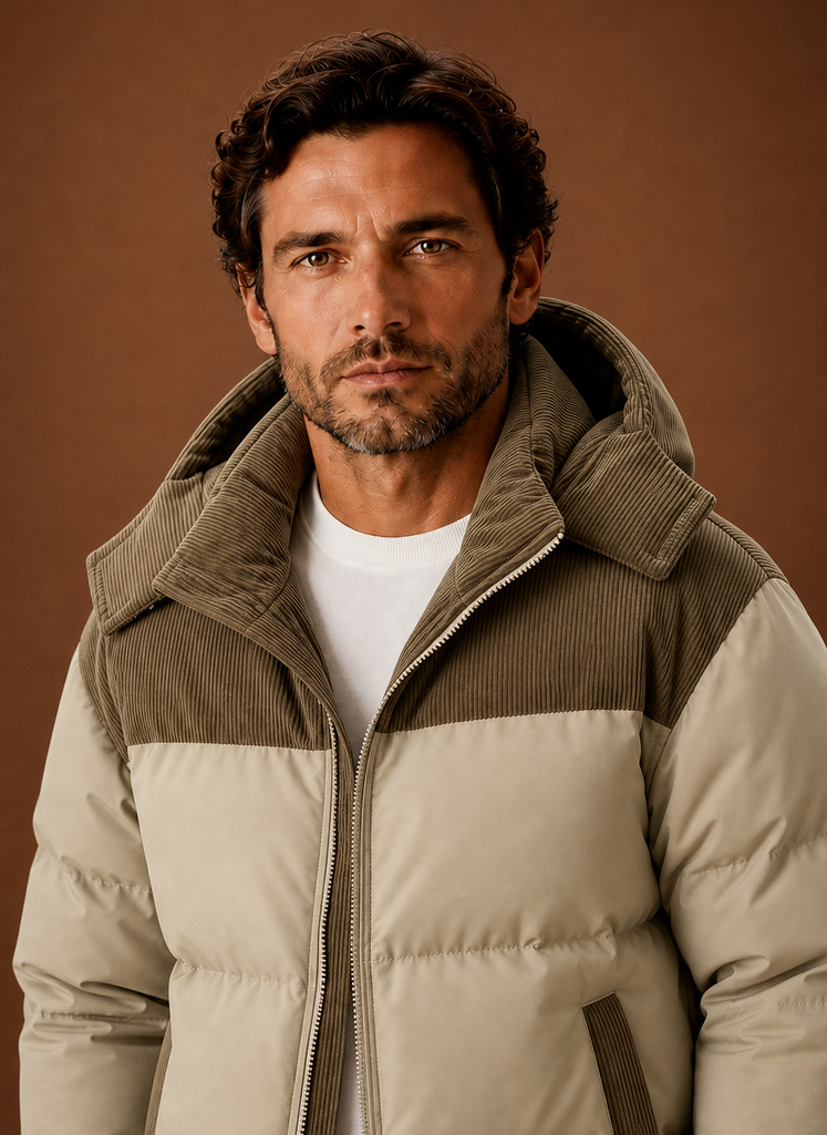Men's Hooded Winter Puffer Jacket with Corduroy Collar | Areleon